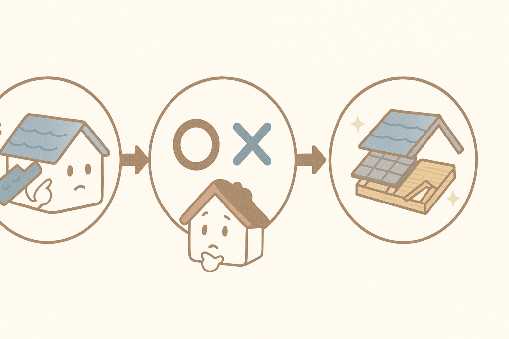 カバー工法か葺き替えかを判断するフローチャートのイラスト