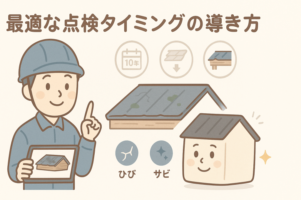 屋根点検の判断基準を説明する作業員と家キャラクターのイラスト