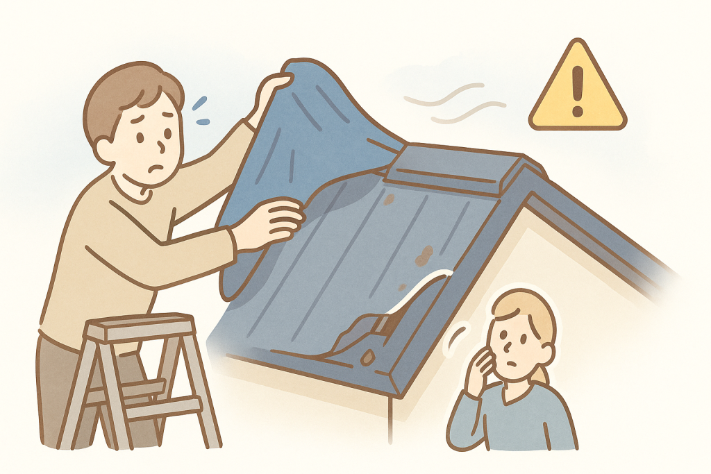 棟板金が浮いた屋根を、地面や脚立からブルーシートで応急処置している様子のイラスト
