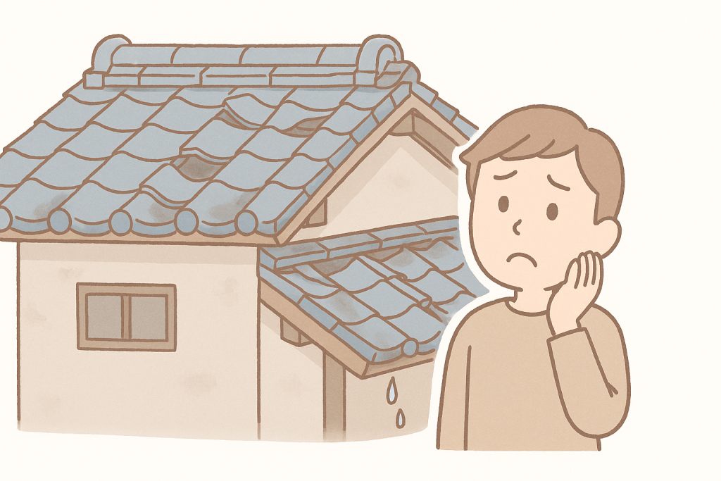 劣化した瓦屋根を見上げて困っている人物のイラスト

