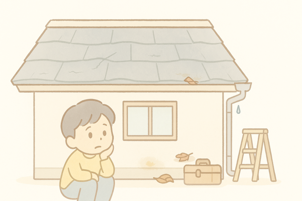 築25〜30年で発生しやすい屋根の重度劣化（広い色あせ・大きめの反り・棟板金の浮き・雨樋の劣化