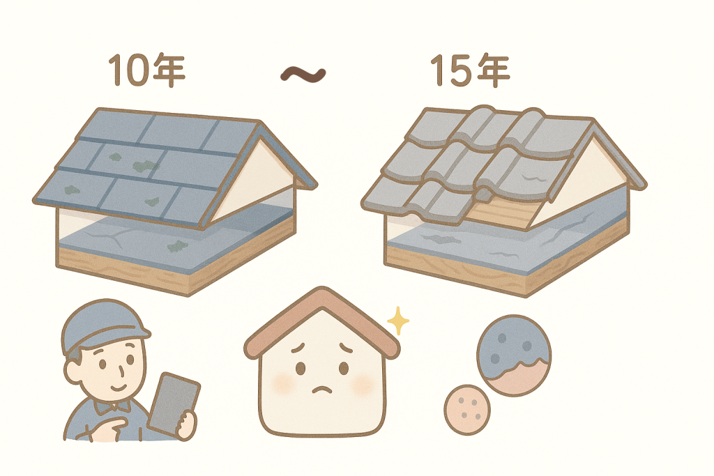 築10〜15年で屋根内部の劣化が進み点検が必要になるイメージ