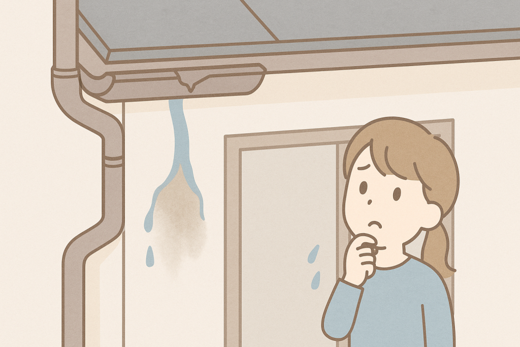 雨樋の割れ・変形・破損から外壁に水が流れ込み、家にダメージが出る様子