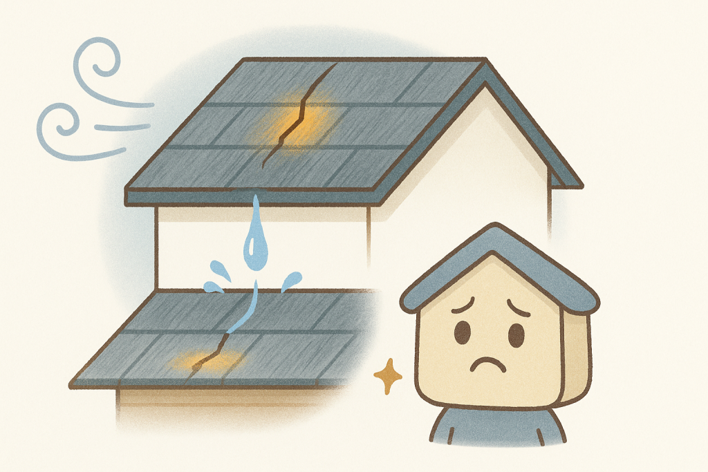 スレートの割れ部分から雨水が内部に侵入し、天井にシミができる流れをわかりやすく描いたイラスト
