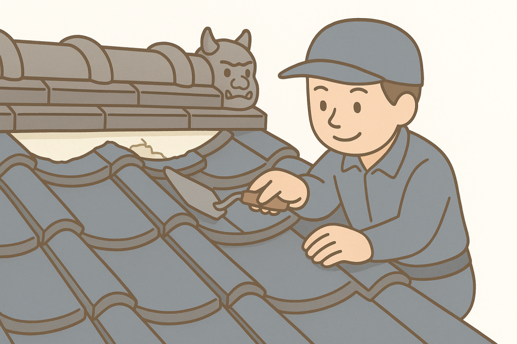 瓦屋根の棟瓦に漆喰を詰め直している作業員のイラスト
