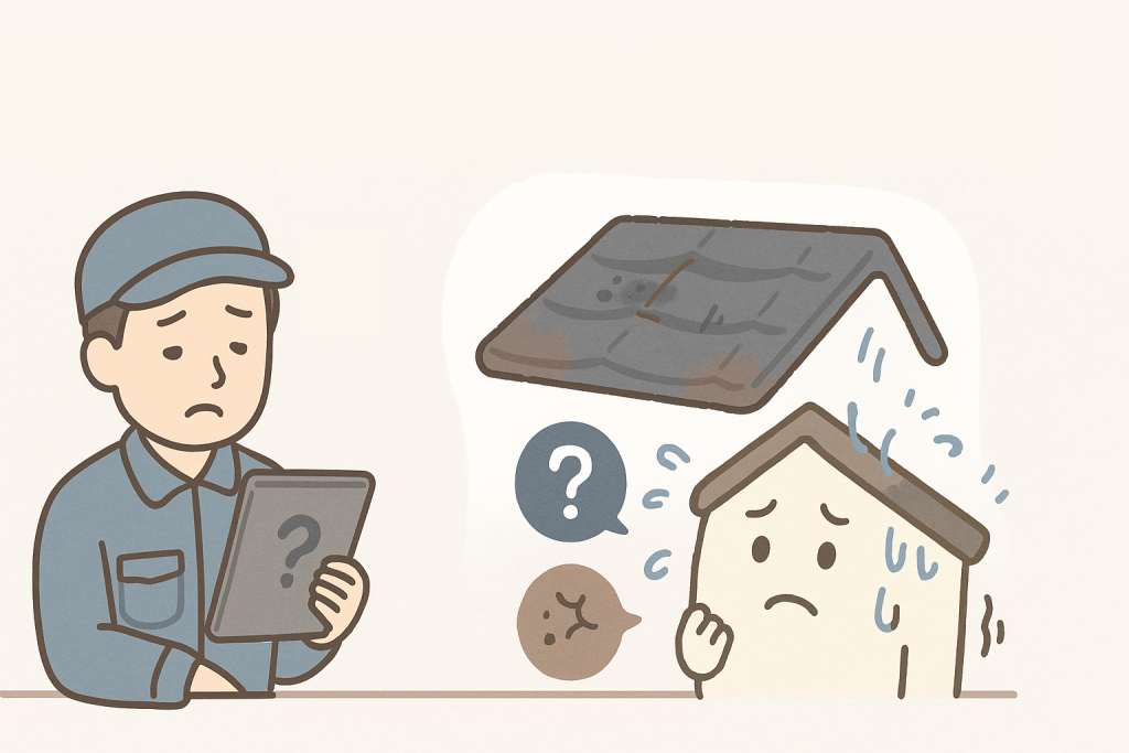 前回工事内容が不明で20年以上点検していない屋根に不安を感じる家キャラクターのイラスト