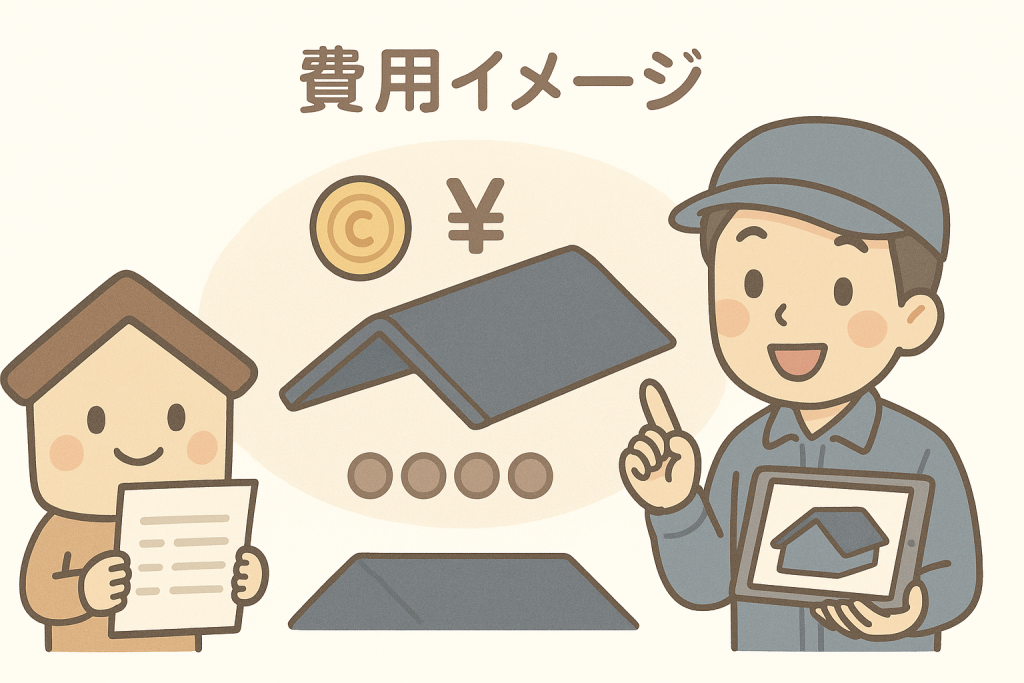 棟板金の修理費用を京キャラと業者が見積書で相談しているイメージイラスト
