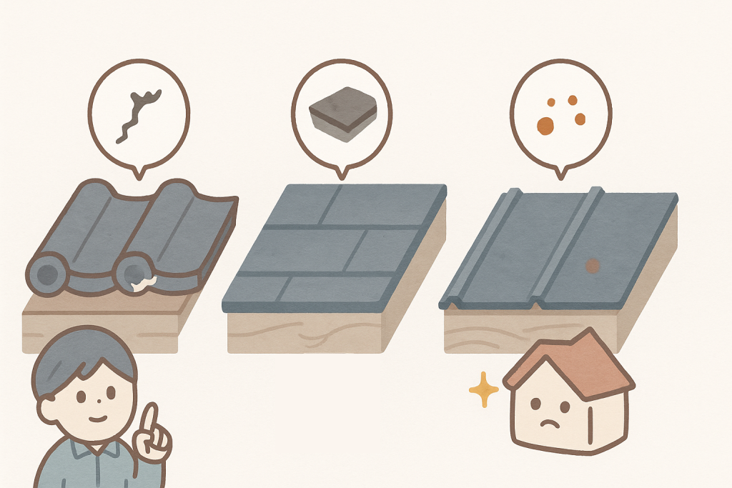 屋根材の種類ごとの劣化進行度を示す日本瓦・スレート・金属屋根のイラスト