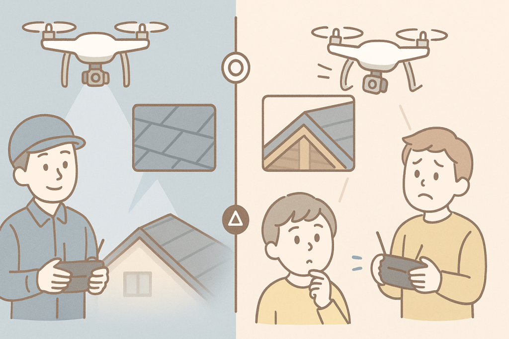 熟練者と未熟な操縦者によるドローン点検の精度の違いを、優しいタッチで比較したイラスト