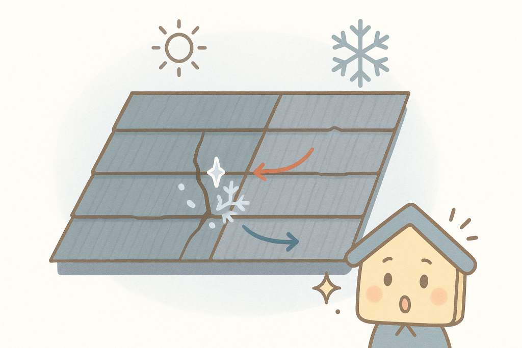 凍害や温度変化によりスレート屋根にヒビが入って割れる様子をわかりやすく描いたイラスト