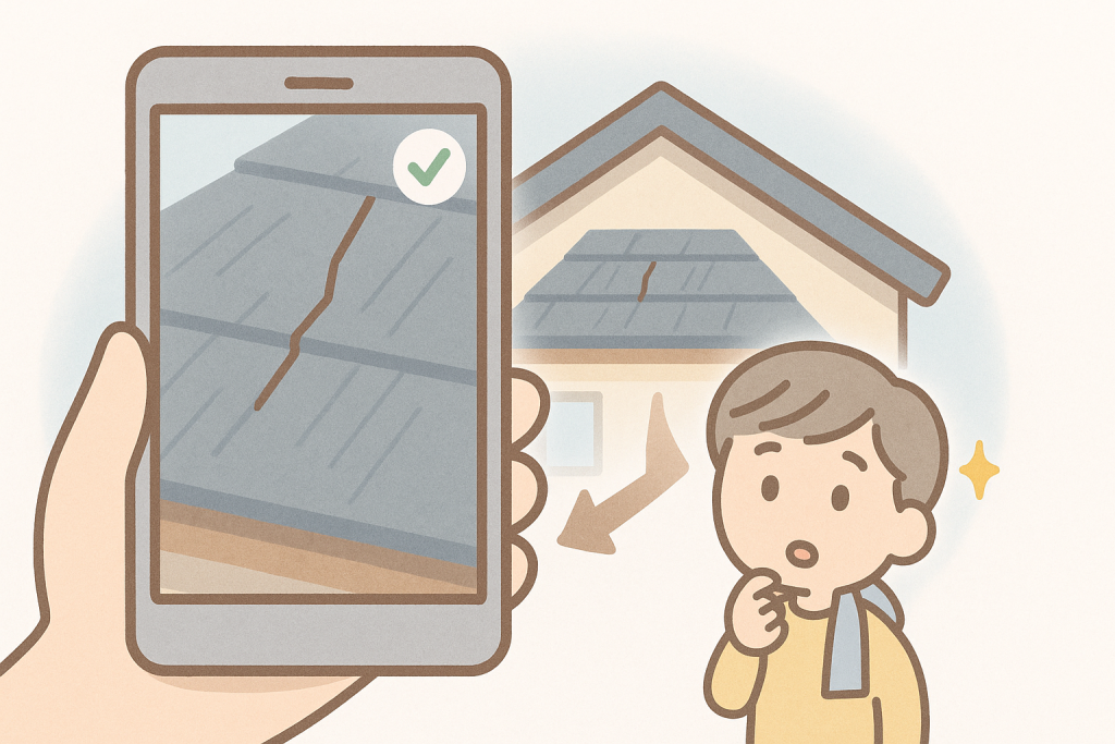 スマホでスレート屋根を撮影し、割れを確認している様子を描いたイラスト