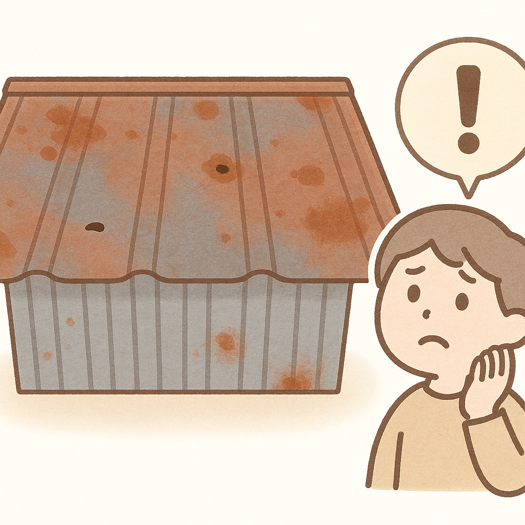 サビや穴あきが発生した金属屋根を心配そうに見上げる人物のイラスト
