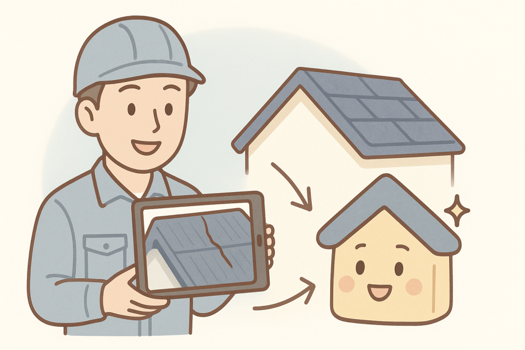 専門業者がタブレットの写真を見せながら、スレート屋根の状態をやさしく説明している様子