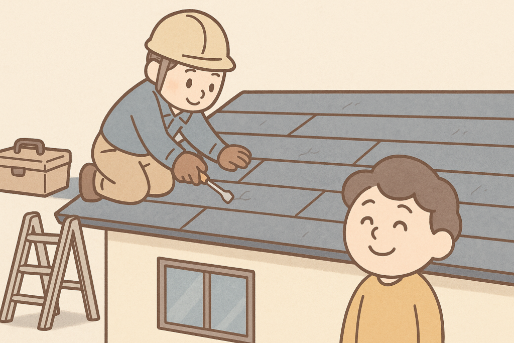 築10〜15年に行う屋根点検や軽微な補修作業をわかりやすく描いたイラスト