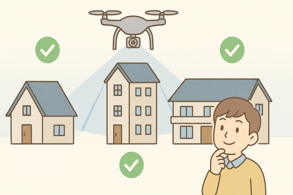急勾配屋根・3階建て・屋根が広いなど、ドローン点検に向いている家の特徴をまとめて示したイラスト