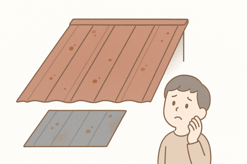 サビが出て劣化したトタン屋根を心配そうに見上げる人物のイラスト
