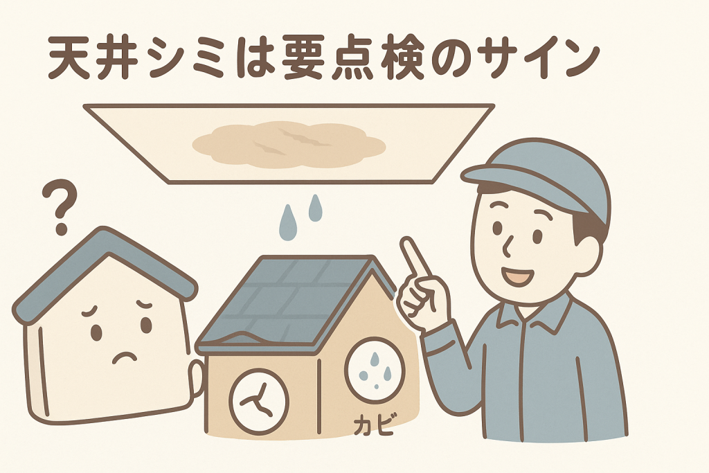 天井にシミができて不安がる家キャラのイラスト