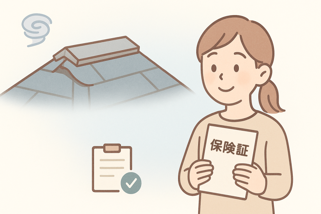 台風で棟板金が損傷し、京キャラが火災保険の書類を持って安心しているイメージイラスト
