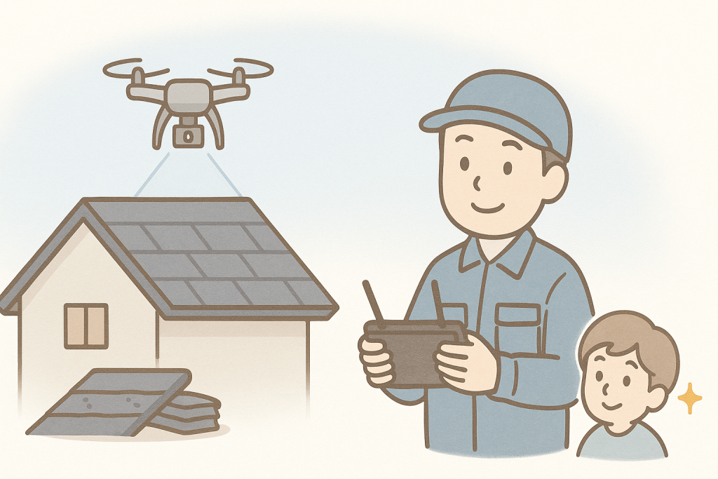 地上で作業員がドローンを操作し、屋根への昇降なしで安全に点検している様子