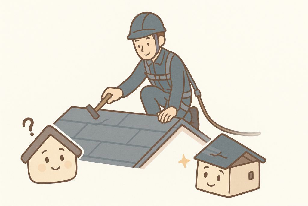 屋根の上で職人が安全帯を付けて丁寧に点検しているイラスト