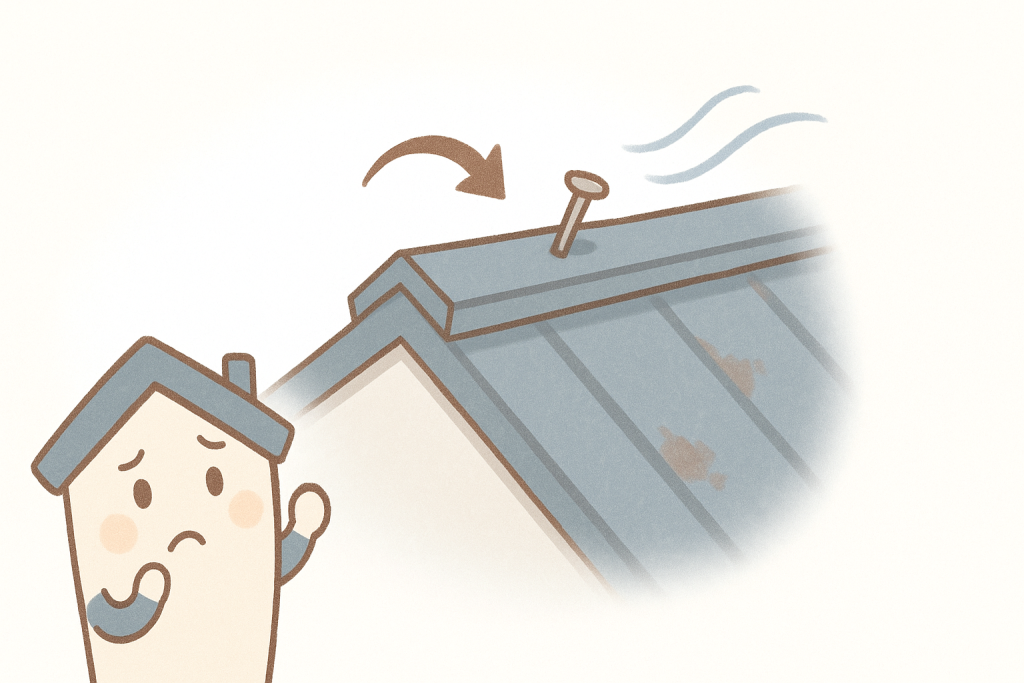 強風で棟板金が浮き、釘が抜けかけている様子を京キャラが気づくイラスト
