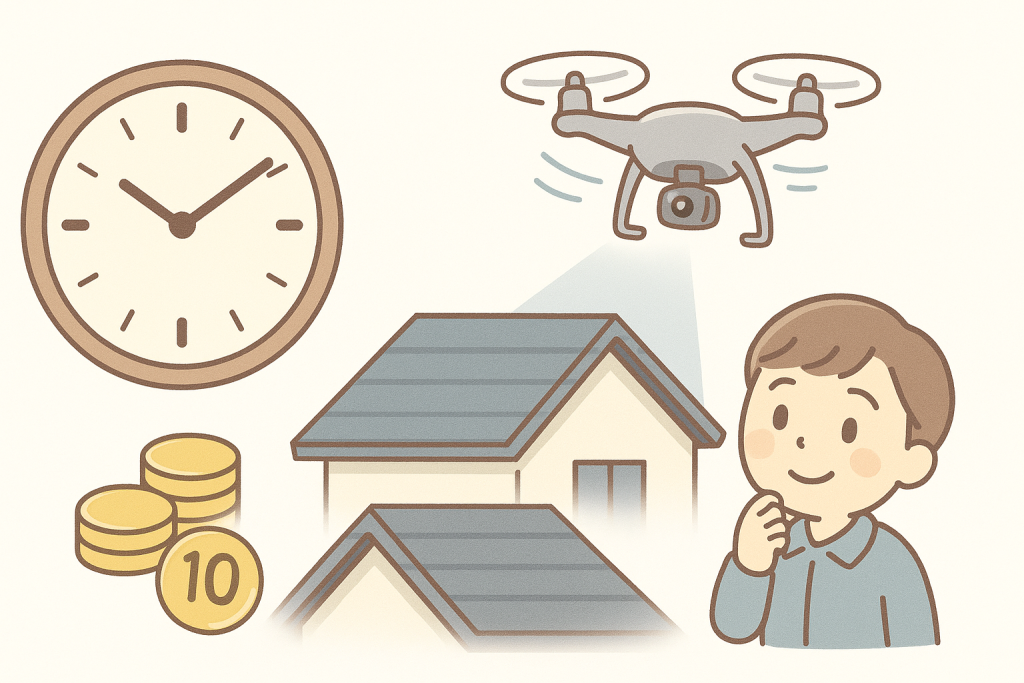 ドローン点検の料金と時間を時計・コイン・ドローンの組み合わせで分かりやすく表現したイラスト