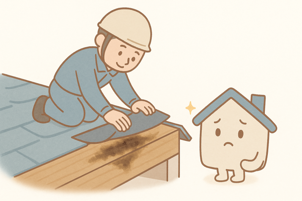 野地板の腐食状態を示すシンプルな屋根点検イラスト