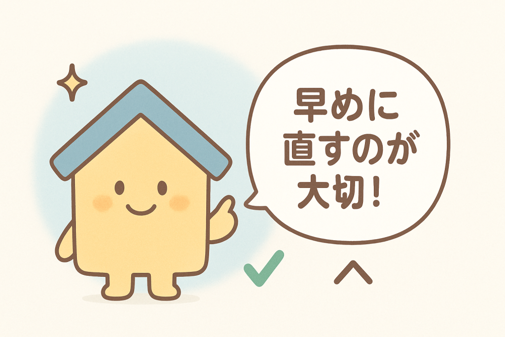 京キャラが吹き出しで「早めに直すのが大切！」と伝える
