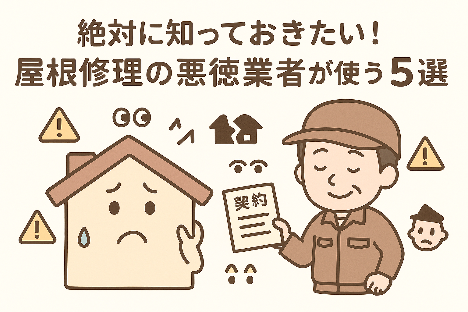 屋根修理の悪徳業者に注意を呼びかけるアイキャッチ画像。契約書を持った業者と不安そうな家のキャラクターが描かれている。