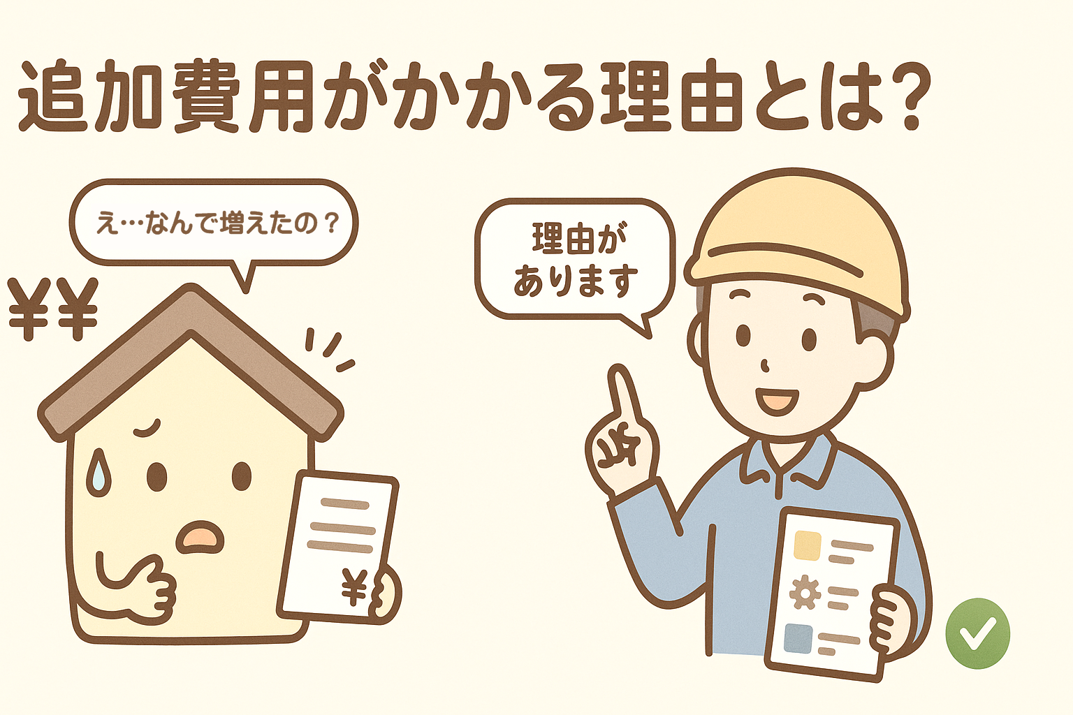 追加費用の説明に不安を感じる家と説明する屋根業者のイラスト