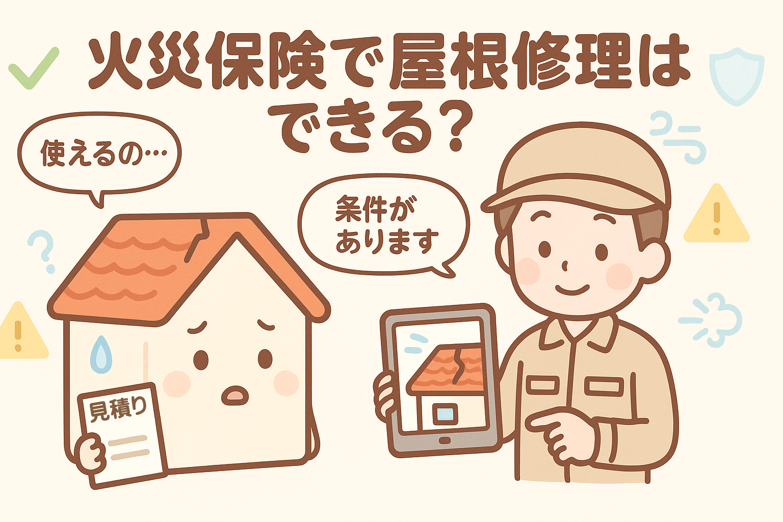火災保険が使える災害例を説明する業者と不安そうな家キャラクターのイラスト