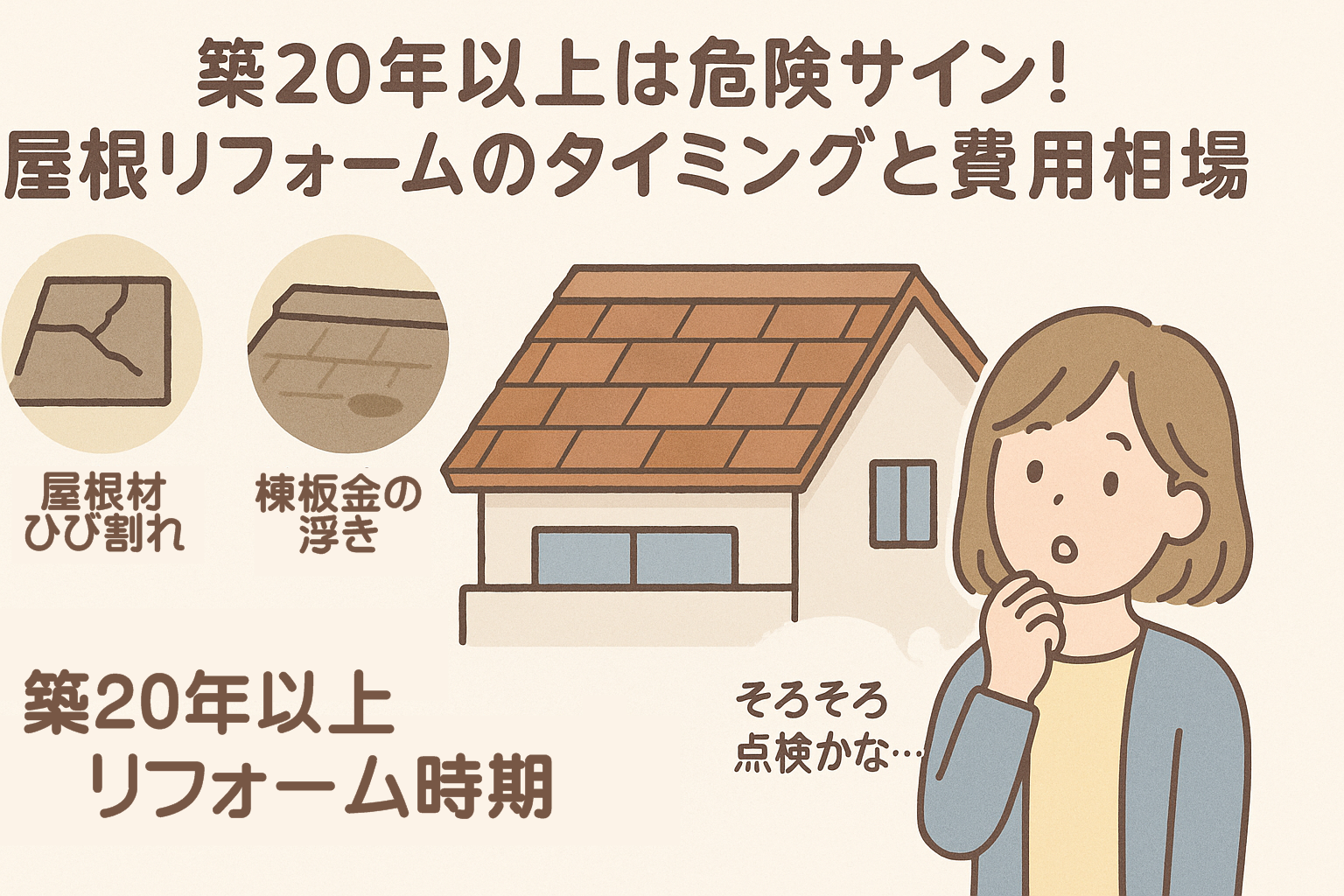 築20年以上の屋根劣化サインとリフォーム時期・費用相場をまとめたタイトル入りアイキャッチ画像