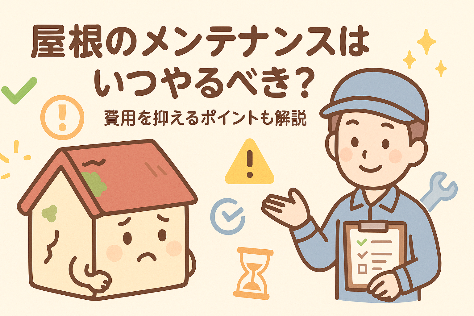 屋根のメンテナンス時期に悩む家と、点検を案内する職人のイラスト。いつ屋根をメンテナンスすべきかを示す画像