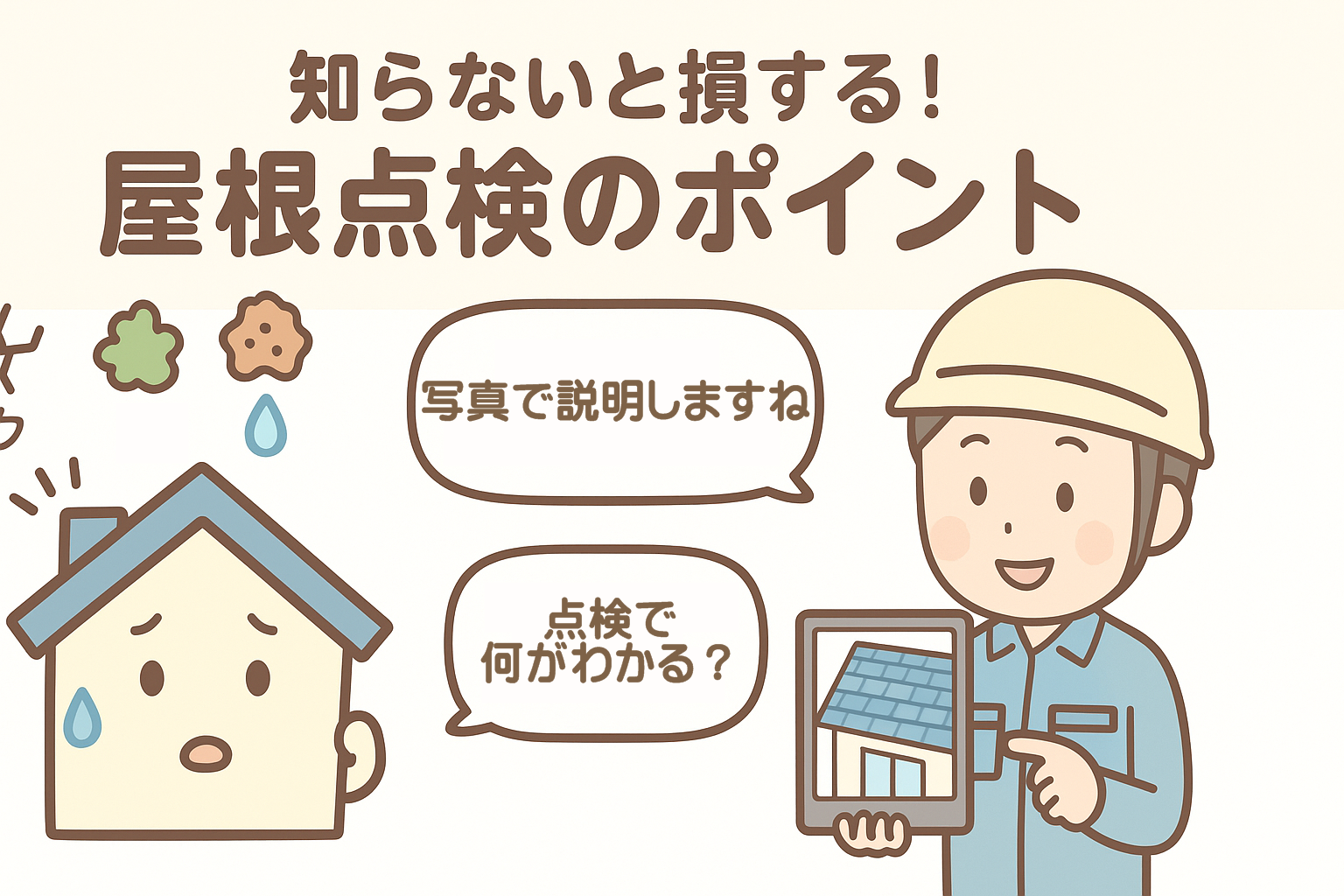 「屋根点検で何が分かるかを説明する業者と、不安な家キャラクターのイラスト」