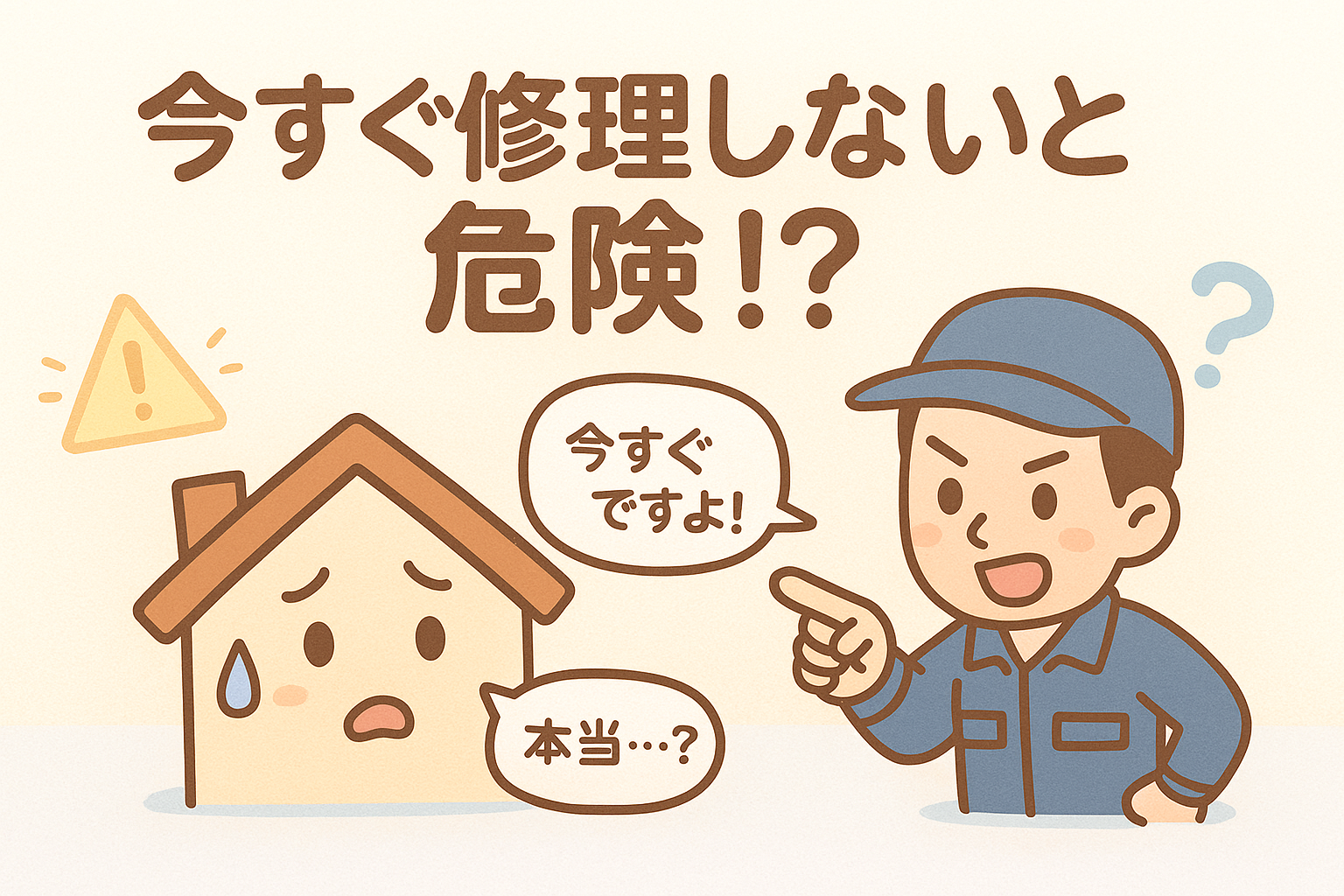 今すぐ修理しないと危険と言われ不安になる家と強く勧める屋根業者のイラスト