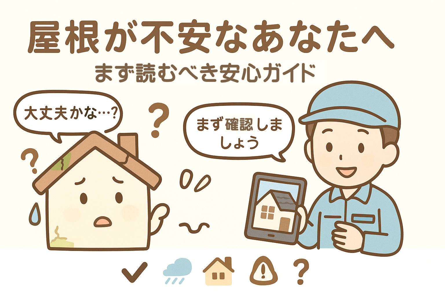屋根に不安を感じる家キャラクターを安心させる優しい業者のイラスト