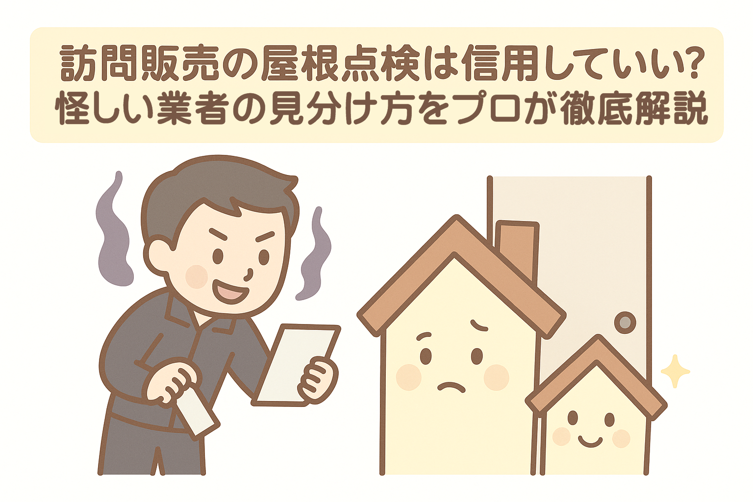 訪問販売の屋根点検に不安を感じる家キャラクターと怪しい営業マンを描いたアイキャッチイラスト