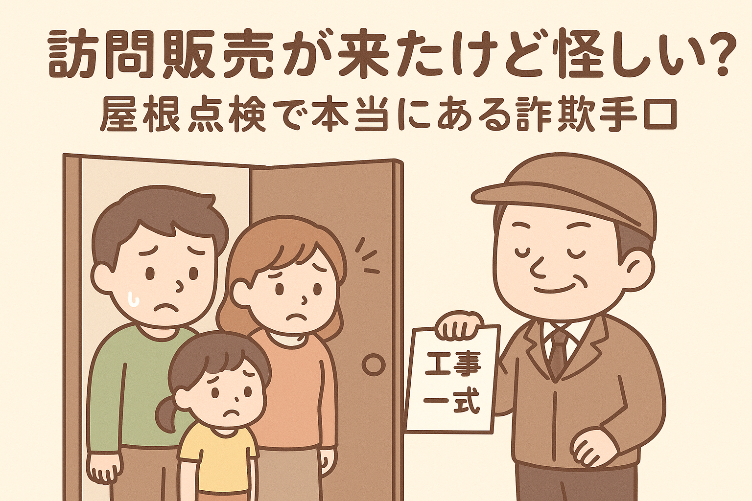 訪問販売の屋根点検に不安を感じる家族と怪しい営業マンのイラスト。タイトル入りアイキャッチ画像。
