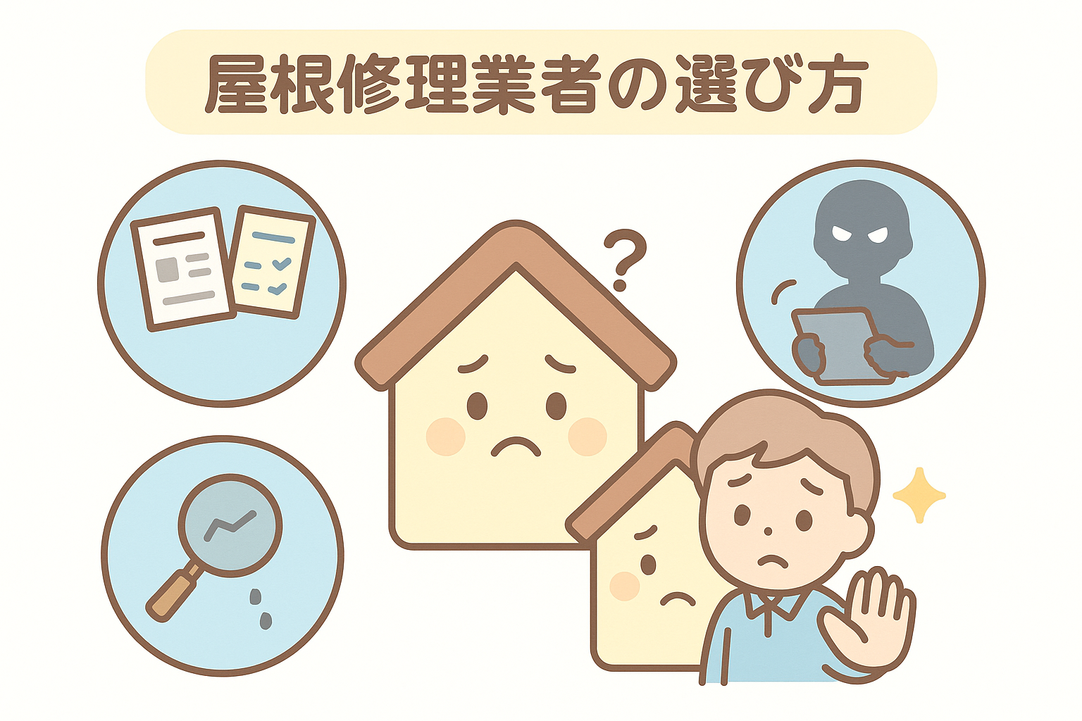 屋根修理業者選びの不安を表現した家キャラクターのイラスト