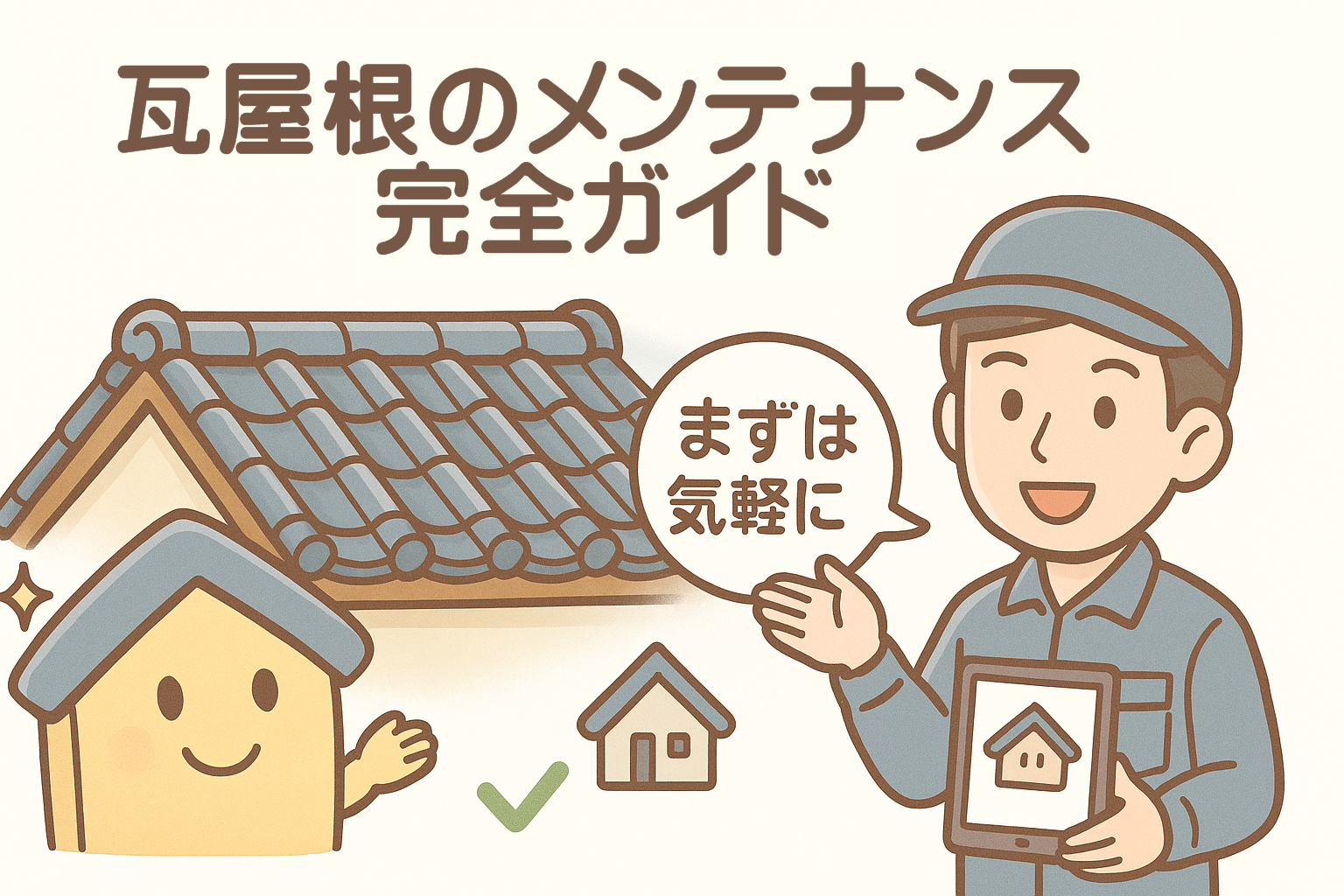 大きく描かれた瓦屋根と京キャラ・作業員が並ぶメンテナンスガイドのアイキャッチイラスト