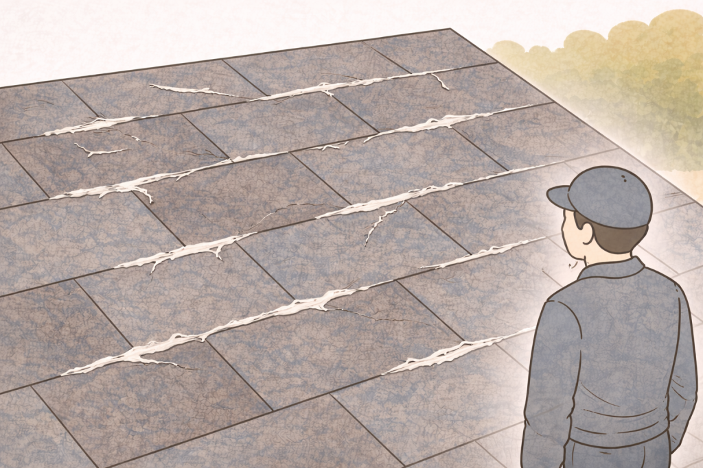 スレート屋根の複数箇所にコーキング補修が施され失敗状態になっているイメージ
