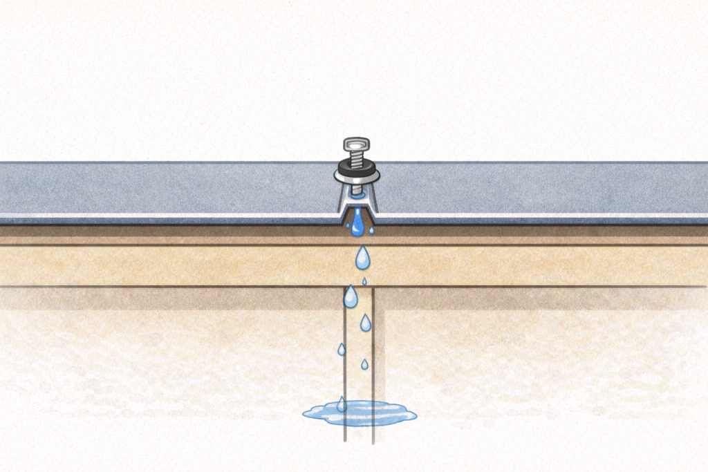 ビスの浮きによって雨水が入りやすくなる状態のイメージ