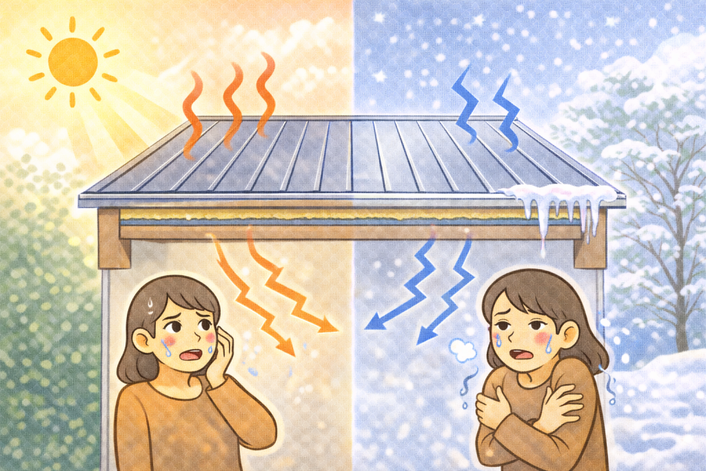 金属屋根で起こる室内外の温度差のイメージ