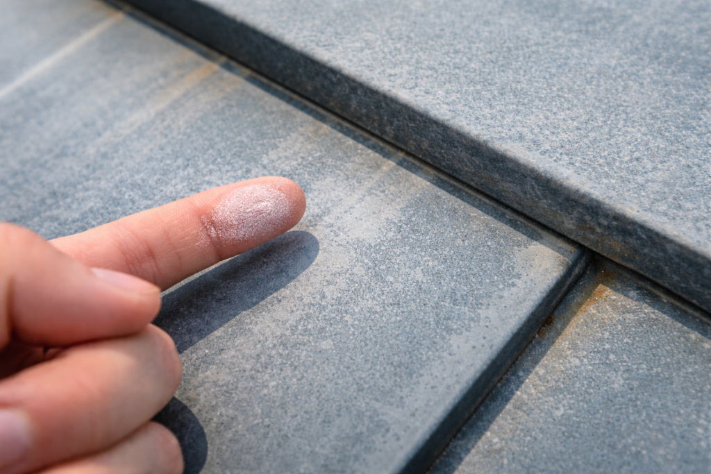 金属屋根の色あせとチョーキング現象による初期劣化の様子