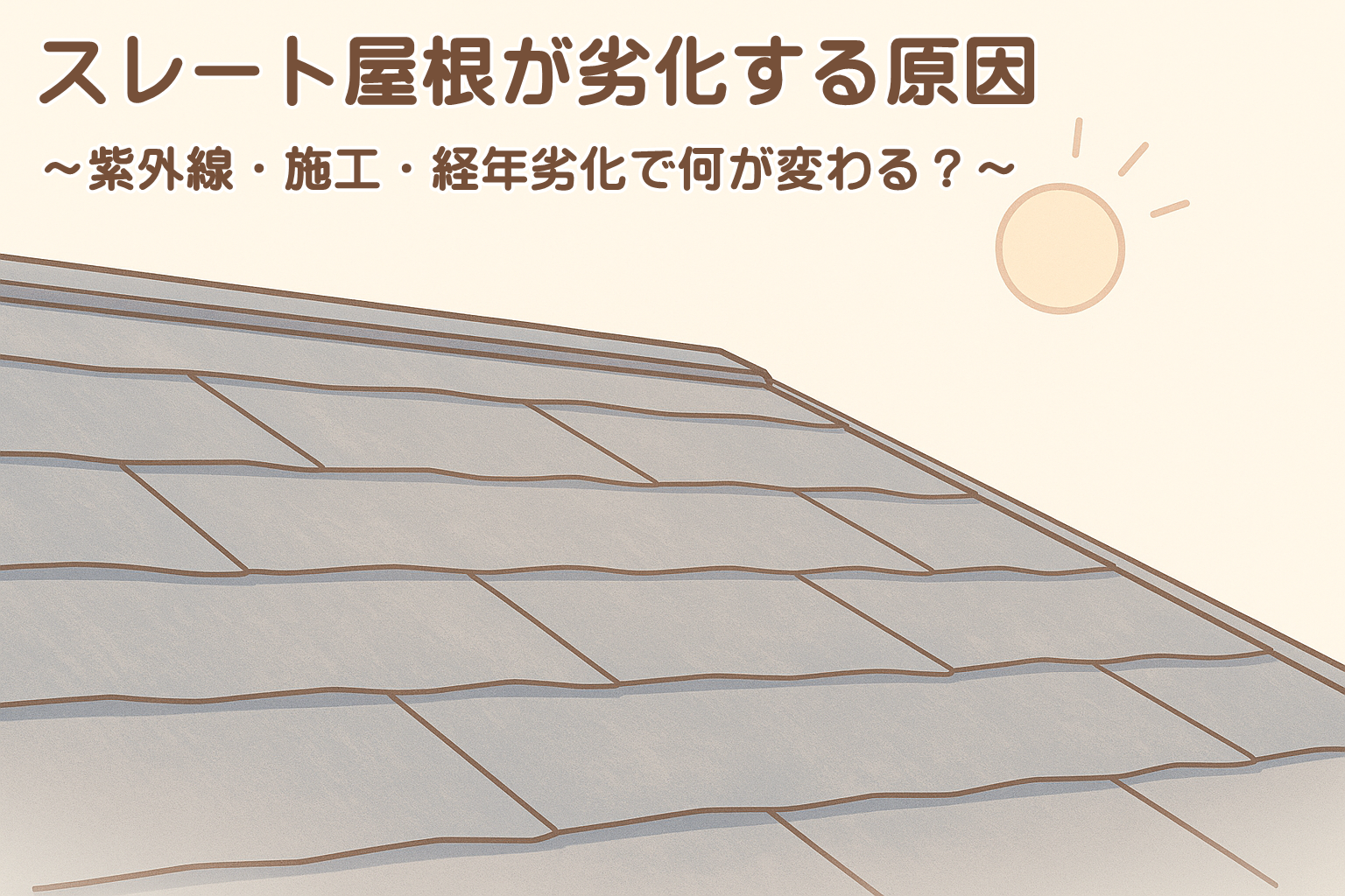 紫外線や経年劣化によって徐々に変化するスレート屋根の表面を表したイメージイラスト
