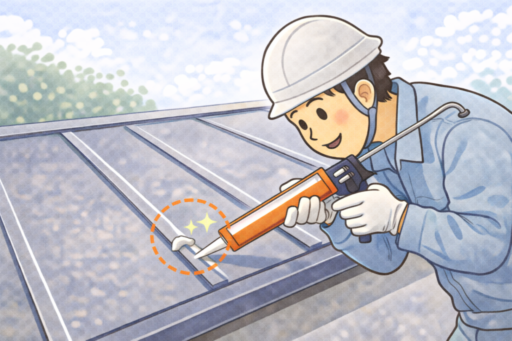 応急処置として適切に行われた金属屋根のコーキング補修例