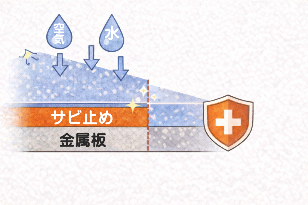 金属屋根でサビ止め塗料が下塗りとして機能する構造イメージ