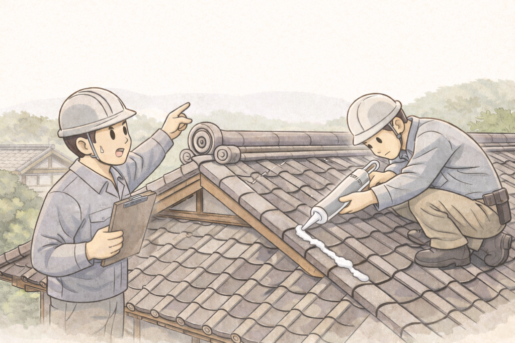 古民家瓦屋根で行われがちな誤った点検や修理のイメージ