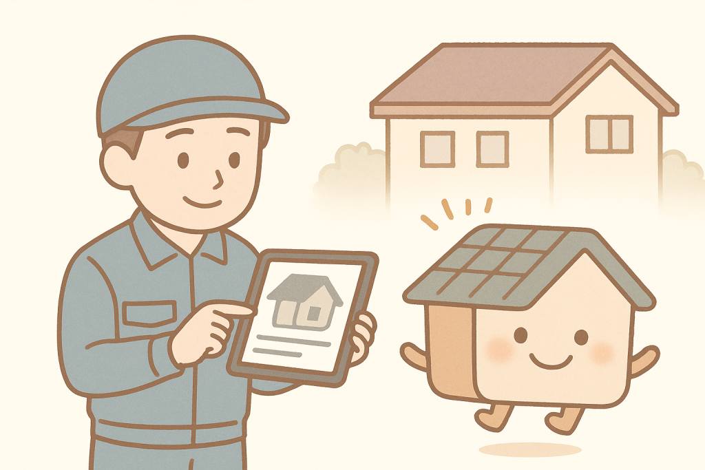 作業員が点検レポートを見せて説明し、京キャラが喜んでジャンプしている安心イメージのイラスト