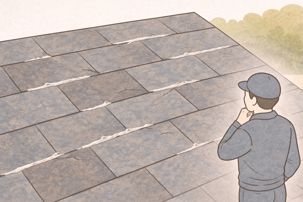 スレート屋根の複数箇所にコーキング補修がされ根本解決になっていない状態のイメージ
